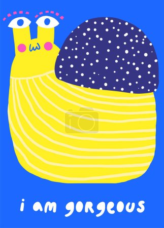 Illustration for Cute doodle birthday, party, baby shower card, brochure, invitation with snail. Cartoon character, object background. Printable template - Royalty Free Image