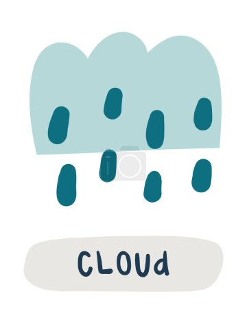 Illustration for Autumn nature flashcard. Learning English words for kids. Cute hand drawn doodle educational card with rainy cloud. Preschool learning material - Royalty Free Image