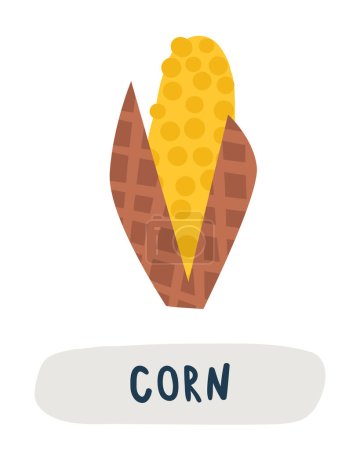 Illustration for Autumn nature flashcard. Learning English words for kids. Cute hand drawn doodle educational card with corn. Preschool learning material - Royalty Free Image