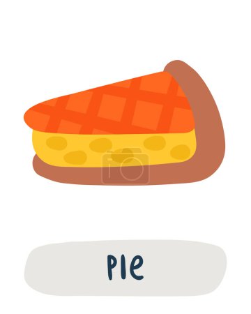 Illustration for Autumn season flashcard. Learning English words for kids. Cute hand drawn doodle educational card with pie. Preschool learning material - Royalty Free Image