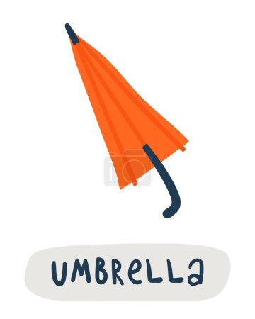Illustration for Autumn season flashcard. Learning English words for kids. Cute hand drawn doodle educational card with umbrella. Preschool learning material - Royalty Free Image
