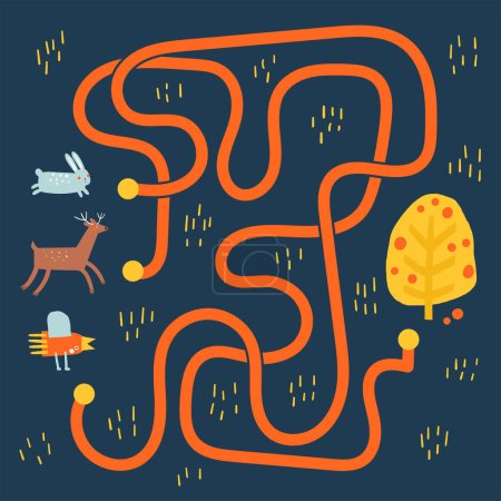 Illustration for Cute doodle maze with animals, nature elements, hare, deer, bird, forest, tree. Learn autumn puzzles for kids, children. Funny cartoon style labyrinth with adorable characters. - Royalty Free Image