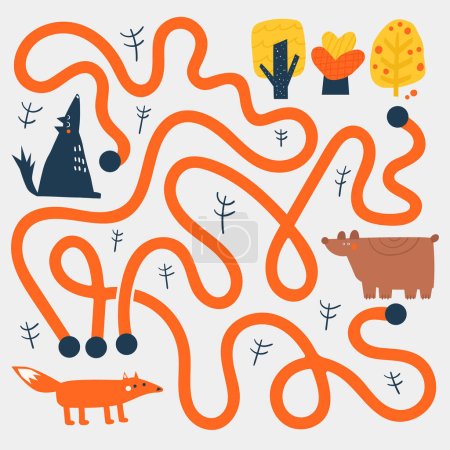 Illustration for Cute doodle maze with animals, nature elements, fox, bear, wolf, trees, forest. Learn autumn puzzles for kids, children. Funny cartoon style labyrinth with adorable characters. - Royalty Free Image