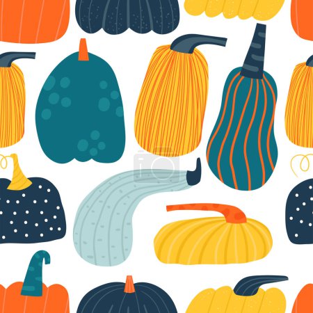 Illustration for Cute autumnal seamless pattern. Funny hand drawn doodle repeatable pattern with nature elements, pumpkins, gourds - Royalty Free Image