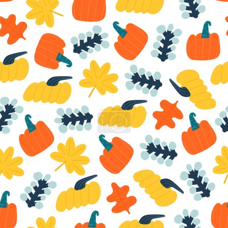 Illustration for Cute autumnal seamless pattern. Funny hand drawn doodle repeatable pattern with nature elements, pumpkins, leaves, berries - Royalty Free Image