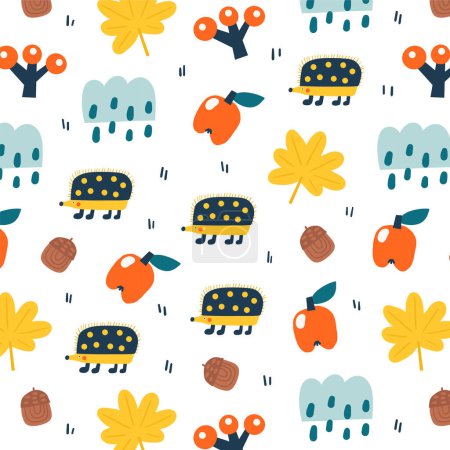 Illustration for Cute autumnal seamless pattern. Funny hand drawn doodle repeatable pattern with nature elements, leaves, hedgehog, apple, acorn, forest, rainy cloud - Royalty Free Image