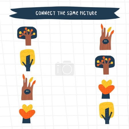 Illustration for Logical game for kids. Cute hand drawn doodle funny puzzle with trees. Educational worksheet, mind task, riddle, strategy quiz, mental teaser, challenge, iq toy, brain trainer for children - Royalty Free Image