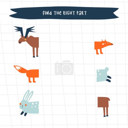 Illustration for Logical game for kids. Cute hand drawn doodle funny puzzle with animals. Educational worksheet, mind task, riddle, strategy quiz, mental teaser, challenge, iq toy, brain trainer for children - Royalty Free Image