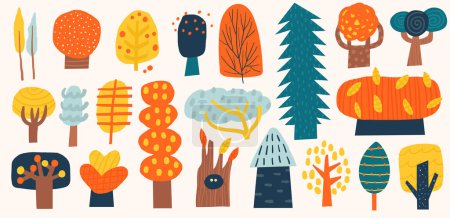 Ilustración de Lindos garabatos dibujado a mano conjunto de árboles de otoño. Bosque divertido estilo dibujos animados, elementos del bosque, roble, pino, abeto, abedul, tronco, árbol de piel, álamo, aliso, álamo, castaño. Clip art para niños guardería infantil - Imagen libre de derechos