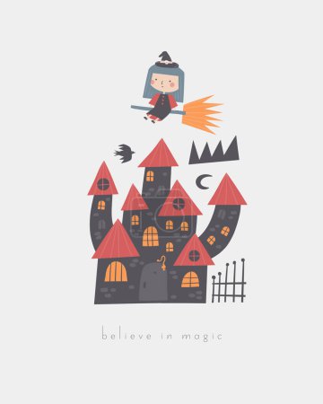 Photo for Fairy tale baby shower postcard with cute hand drawn doodle flying witch, witch castle. Magical cover, template, banner, poster, print with nature elements. Mythology enchanted background for kids - Royalty Free Image