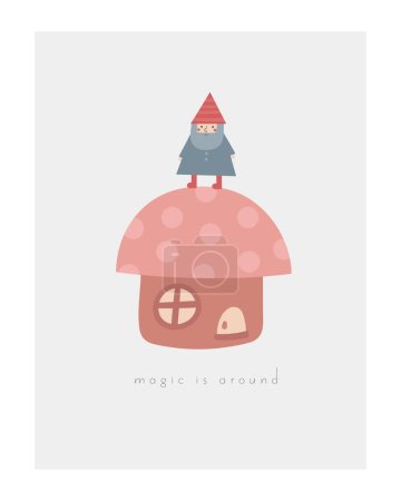 Photo for Fairy tale baby shower postcard with cute hand drawn doodle gnome, mushroom house. Magical cover, page, template, banner, poster, print with nature elements. Mythology enchanted background for kids - Royalty Free Image
