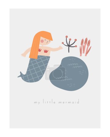 Illustration for Fairy tale baby shower postcard with cute hand drawn doodle mermaid, lake, water plants. Magical cover, page, template, poster, print with nature elements. Mythology enchanted background for kids - Royalty Free Image