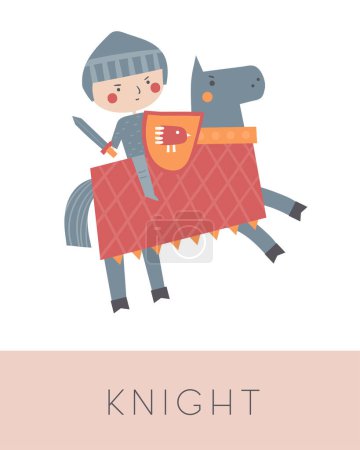 Illustration for Fairy tale flashcard. Learning English words for kids. Cute hand drawn doodle educational card with knight on a horse. Preschool learning material - Royalty Free Image