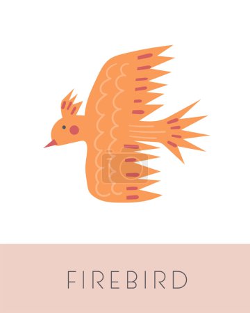Illustration for Fairy tale flashcard. Learning English words for kids. Cute hand drawn doodle educational card with firebird. Preschool learning material - Royalty Free Image