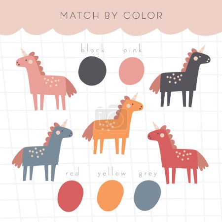 Photo for Learn colors game for kids. Cute hand drawn doodle funny puzzle with magic fairy tale unicorns. Educational worksheet, mind task, riddle, mental teaser, challenge, iq toy, brain trainer for children - Royalty Free Image