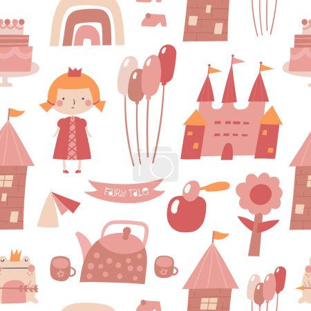 Illustration for Cute fairy tale seamless pattern. Funny hand drawn doodle repeatable pattern with princess, castle, tower, frog, balloons, tea pot, flower, perfume, rainbow. Kingdom theme background - Royalty Free Image