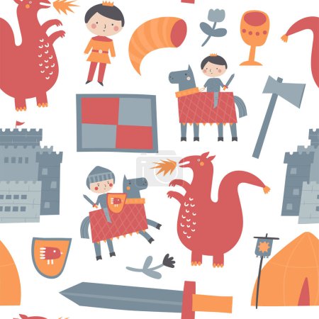 Illustration for Cute fairy tale seamless pattern. Funny hand drawn doodle repeatable pattern with prince, knight, dragon, sword, shield, fortress, tent. Kingdom theme background - Royalty Free Image