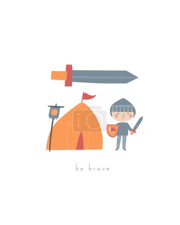 Photo for Fairy tale postcard with cute hand drawn doodle knight, tent, sword. Magical cover, page, template, banner, poster, print. Mythology enchanted background for kids - Royalty Free Image