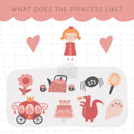 Photo for Logical fairy tale game for kids. Cute hand drawn doodle funny puzzle with princess, dragon, cake, flower, heart. Educational worksheet, mind task, riddle, mental teaser, brain trainer for children - Royalty Free Image