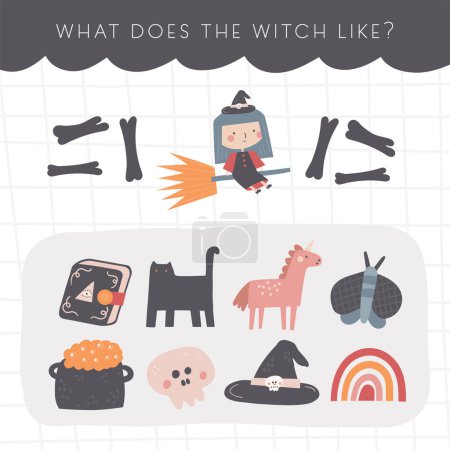 Photo for Logical fairy tale Halloween game for kids. Cute hand drawn doodle funny puzzle with witch, cauldron, black cat. Educational worksheet, mind task, riddle, mental teaser, brain trainer for children - Royalty Free Image