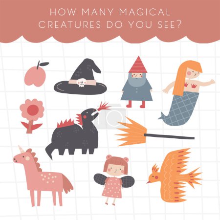 Illustration for Logical fairy tale game for kids. Cute hand drawn doodle funny puzzle with magic creatures. Educational worksheet, mind task, riddle, strategy quiz, challenge, iq toy, brain trainer for children - Royalty Free Image