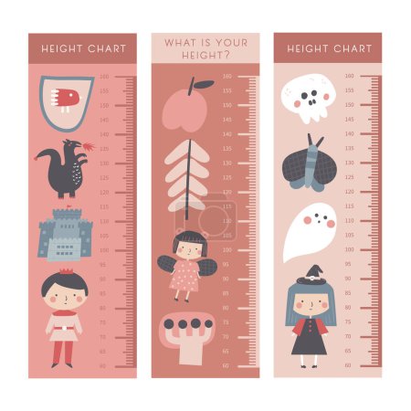 Illustration for Kid height measurement, centimeter, chart with prince, witch, fairy, ghost, dragon, castle, apple, tree, moth, skull Fairy tale magic fantasy animals objects characters for children - Royalty Free Image