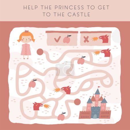 Illustration for Cute fairy tale doodle maze with princess, castle, apples, dragon. Fairy tale magical fantasy puzzle for kids, children. Funny cartoon style labyrinth with adorable characters. - Royalty Free Image