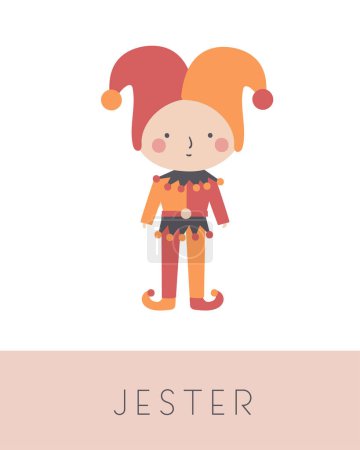 Illustration for Fairy tale flashcard. Learning English words for kids. Cute hand drawn doodle educational card with jester. Preschool learning material - Royalty Free Image
