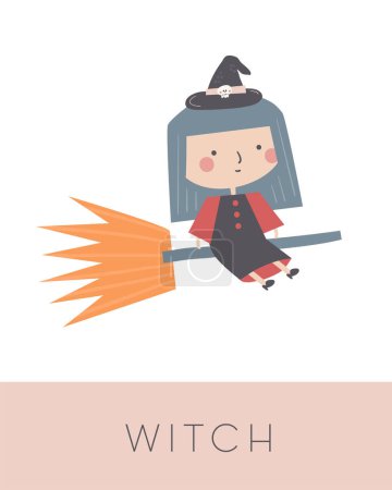Illustration for Fairy tale flashcard. Learning English words for kids. Cute hand drawn doodle educational card with witch. Preschool learning material - Royalty Free Image