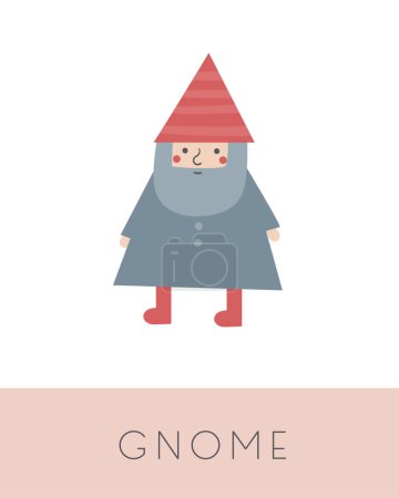 Illustration for Fairy tale flashcard. Learning English words for kids. Cute hand drawn doodle educational card with gnome. Preschool learning material - Royalty Free Image