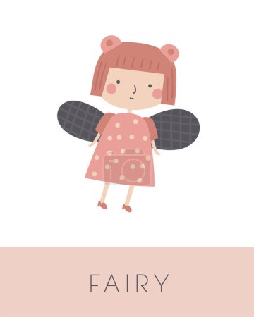 Téléchargez les illustrations : Fairy tale flashcard. Apprendre des mots anglais pour les enfants. Mignon dessin à la main carte éducative doodle avec fée. Matériel d'apprentissage préscolaire - en licence libre de droit