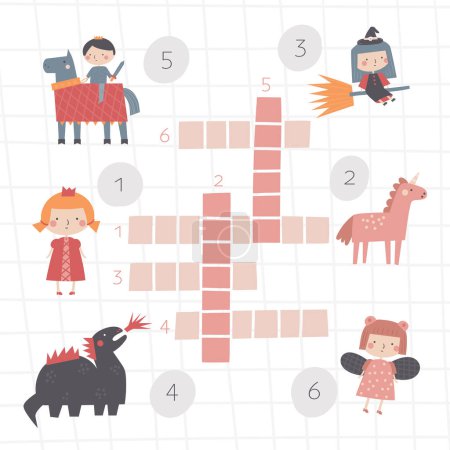 Illustration for Fairy tale magic crossword for kids. Word search puzzle with princess, witch, prince, unicorn, dragon, fairy. Educational worksheet, mind task, riddle, strategy quiz, challenge, iq toy brain trainer - Royalty Free Image