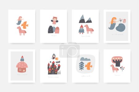 Photo for Fairy tale baby shower postcards set with cute hand drawn doodle gnome, unicorn, mermaid, fairy, witch, castle, firebird. Magical cover, page, template, banner, poster. Mythology enchanted backgrounds - Royalty Free Image