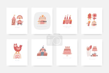 Photo for Fairy tale baby shower postcards set with cute hand drawn doodle castle, tower, princess frog, cake. Magical cover, page, template, banner, poster, print for girls. Mythology enchanted backgrounds - Royalty Free Image