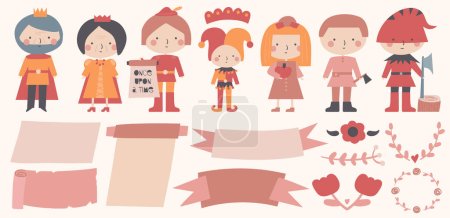 Illustration for Fairy tale characters set. Cute hand drawn doodle kingdom clip art for kids. Cartoon items, scrolls, wreath, ribbons, king, queen, herald, jester, peasant executioner - Royalty Free Image