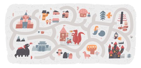 Illustration for Fairy tale kingdom map with castle, princess, prince, dragon, witch, mermaid, peasant village, fairy, unicorn, gnome, frog. Cute hand drawn doodle medieval map with fantasy magic creatures for kids. - Royalty Free Image