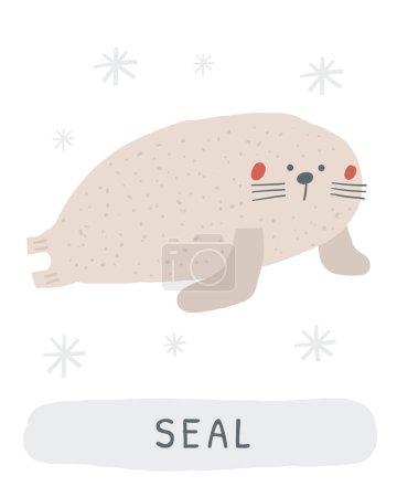 Illustration for Winter flashcard. Learning English words for kids. Cute hand drawn doodle educational card with seal. Preschool learning material - Royalty Free Image