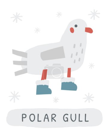 Illustration for Winter flashcard. Learning English words for kids. Cute hand drawn doodle educational card with polar gull. Preschool learning material - Royalty Free Image