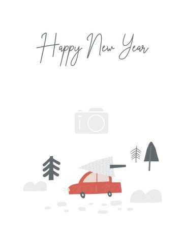 Illustration for Cute winter Christmas New Year postcard with cute hand drawn doodle car with Christmas tree in the forest. Cold winter season cover, template, banner, poster, print. - Royalty Free Image