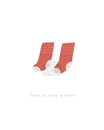 Illustration for Cute winter Christmas New Year postcard with cute hand drawn doodle knitted socks. Cold winter season cover, template, banner, poster, print. Holiday seasonal background for kids - Royalty Free Image