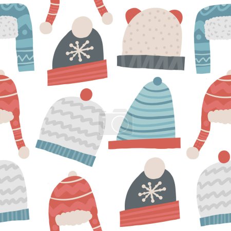 Illustration for Cute winter Christmas New Year seamless pattern. Funny hand drawn doodle repeatable pattern with hat, ear flaps hat, cap, beanie, knitted hat. Winter season, Noel, polar, arctic theme background - Royalty Free Image