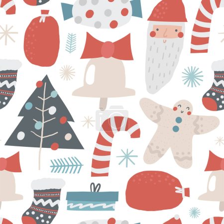 Illustration for Cute winter Christmas New Year seamless pattern. Funny hand drawn doodle repeatable pattern with santa, candy stick, ginger bread man, gift, bell, Christmas tree. Winter season, Noel theme background - Royalty Free Image