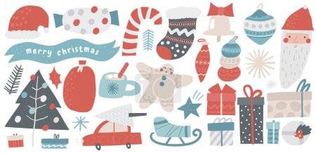 Ilustración de Navidad Año Nuevo objetos establecidos. Linda mano dibujado doodle invierno Noel artículos de colección, santa, bolsa, palo de caramelo, hombre de pan de jengibre, caja de regalo, guirnalda de juguete, copo de nieve, dulce, trineo, coche con árbol de piel, sombrero - Imagen libre de derechos