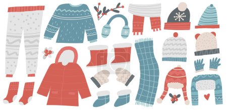 Illustration for Winter clothes set. Cute hand drawn doodle Christmas, winter season apparel bundle, sweater, pants, coat, ugg, boots, scarf, hat, mittens, gloves, socks, ear flaps hat cap beanie knitted hat - Royalty Free Image