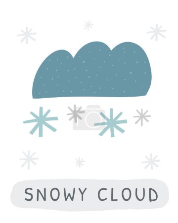 Illustration for Winter flashcard. Learning English words for kids. Cute hand drawn doodle educational card with snowy cloud. Preschool learning material - Royalty Free Image