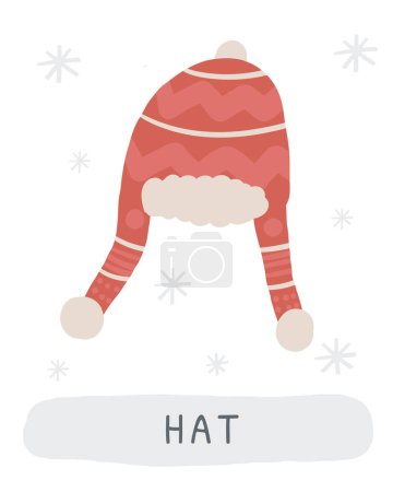 Illustration for Winter flashcard. Learning English words for kids. Cute hand drawn doodle educational card with ear flaps hat. Preschool learning material - Royalty Free Image