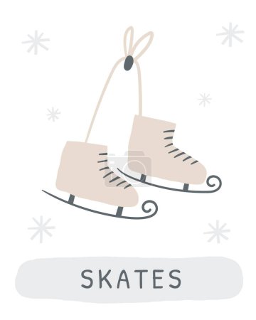 Illustration for Winter flashcard. Learning English words for kids. Cute hand drawn doodle educational card with skates. Preschool learning material - Royalty Free Image