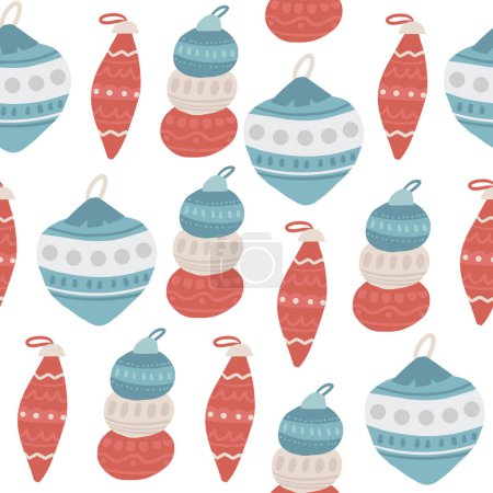 Illustration for Cute winter Christmas New Year seamless pattern. Funny hand drawn doodle repeatable pattern with fur tree toys, garlands. Winter season, Noel, polar, arctic theme background - Royalty Free Image