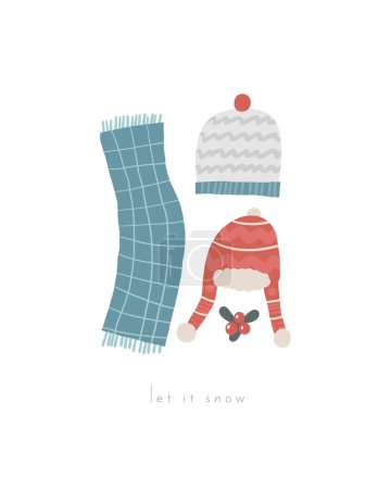 Illustration for Cute winter Christmas New Year postcard with cute hand drawn doodle hat, ear flaps hat, cap, beanie, knitted hat, scarf. Cold winter season cover, template, banner, poster, print. - Royalty Free Image