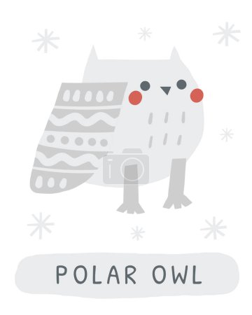 Illustration for Winter flashcard. Learning English words for kids. Cute hand drawn doodle educational card with polar owl. Preschool learning material - Royalty Free Image